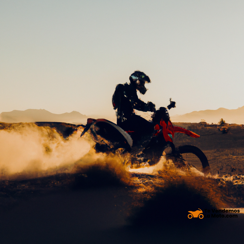 una moto de aventuras KTM color naranja, con un piloto vestido de negro, atravesando el desierto durante una puesta de sol